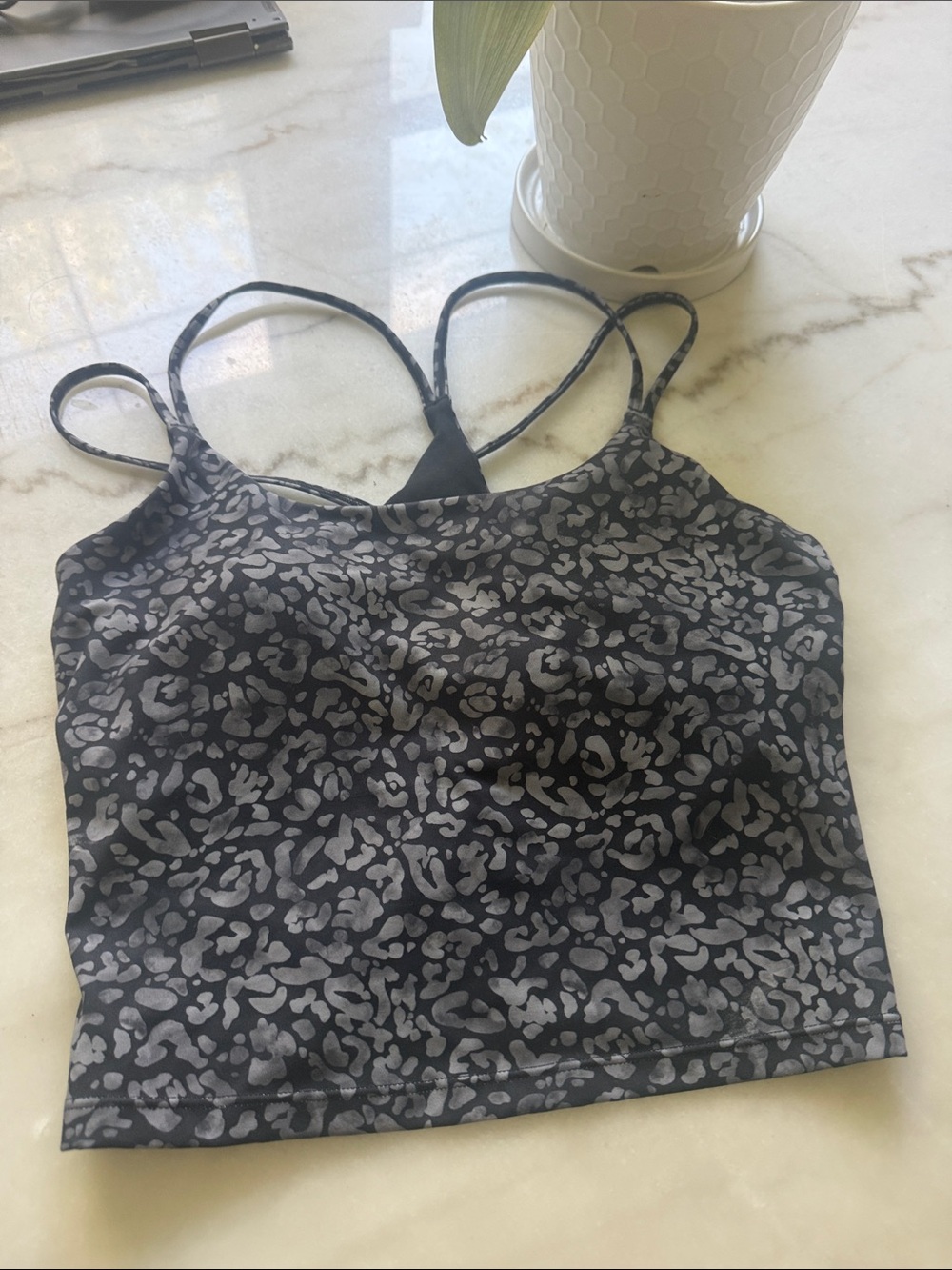 Fabletics Black and Gray Leopard Print Strappy Crop Camisole